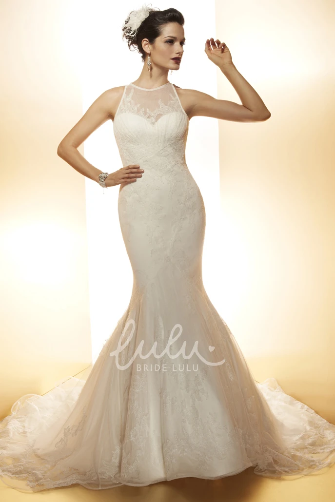 High Neck Sleeveless Lace Applique Trumpet Wedding Dress with Court Train