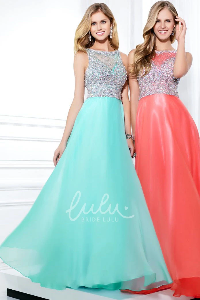 Jewel Neck Chiffon A-Line Prom Dress Sleeveless Illusion Back