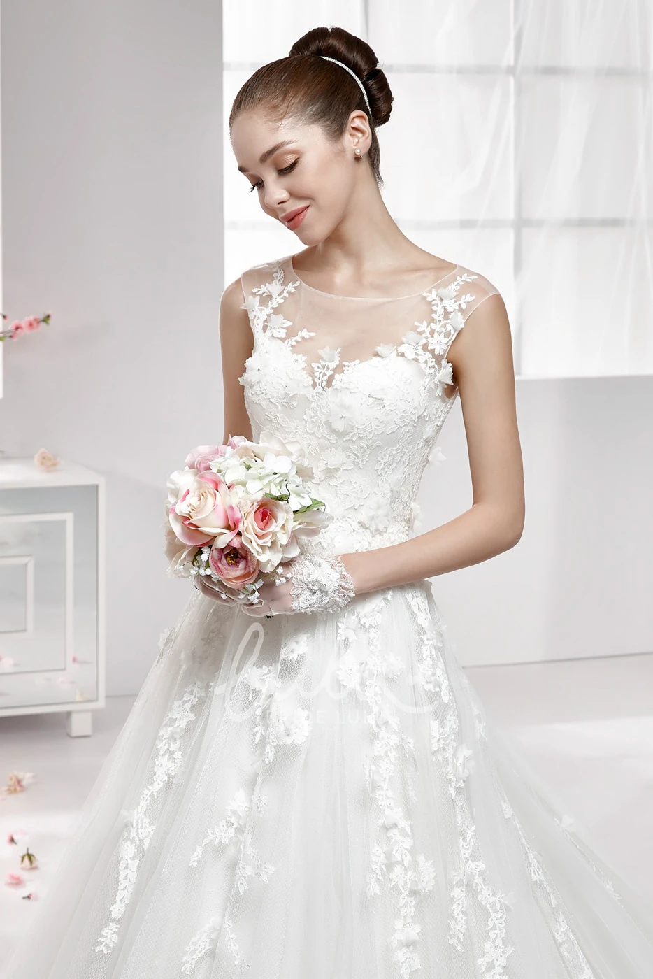 A-Line Wedding Gown with Jewel-Neck and Illusive Lace Appliques