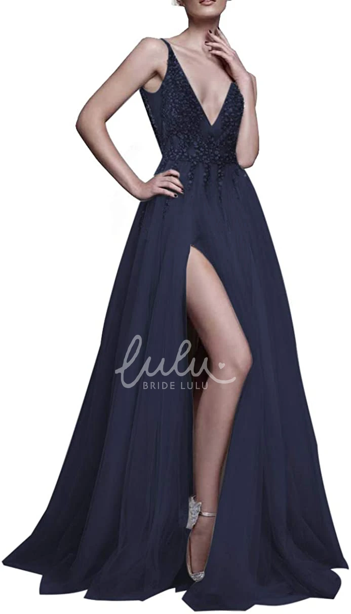 Sleeveless V-neck Tulle A-line Prom Dress with Beading Glamorous