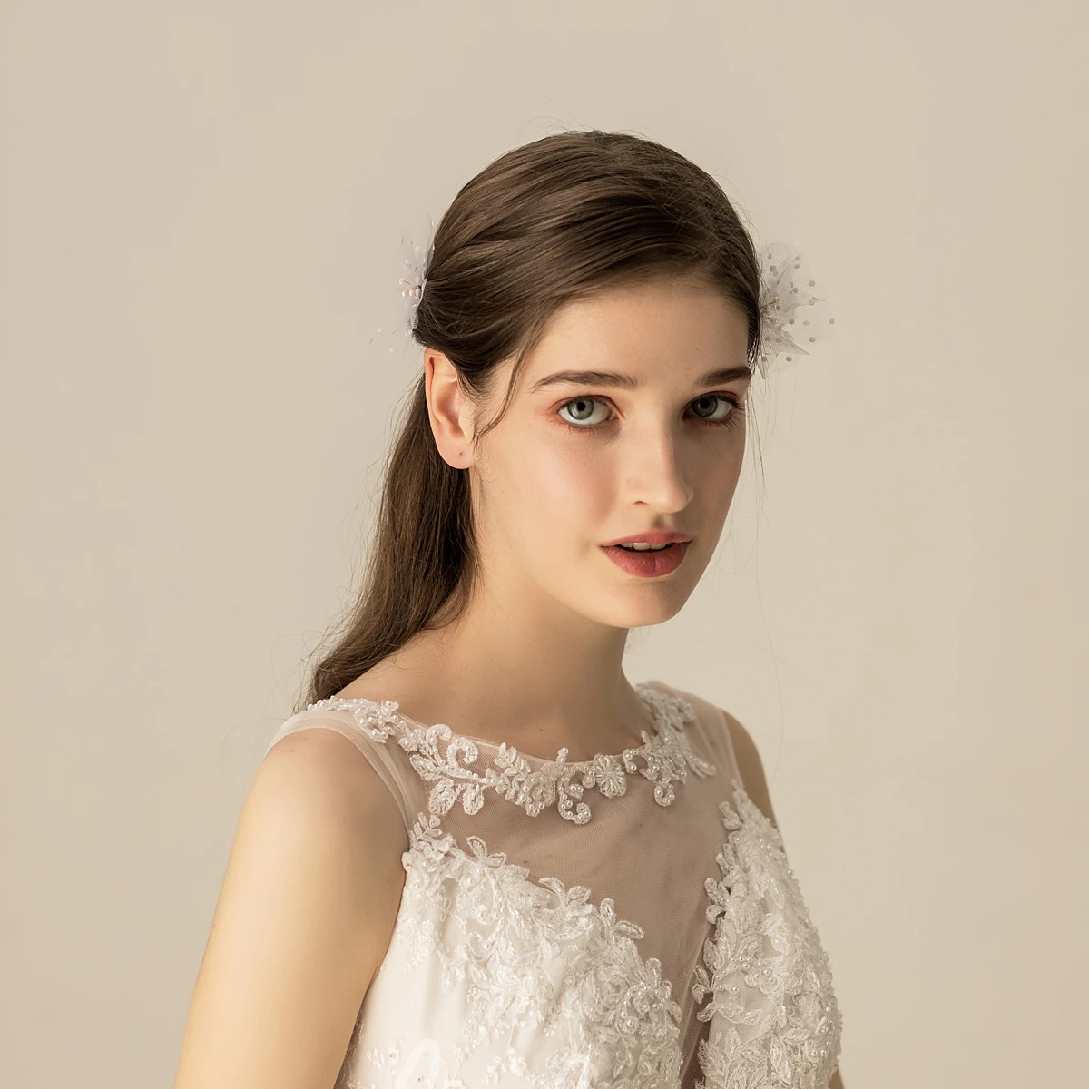 Forest Style Beaded Hair Pins with Tulle Flower