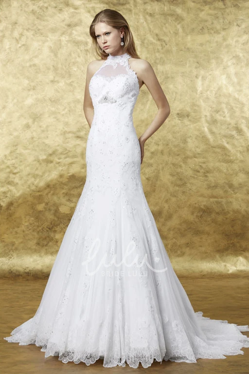 Sleeveless Lace Wedding Dress with Illusion Back and Broach A-Line Floor-Length High Neck Applique