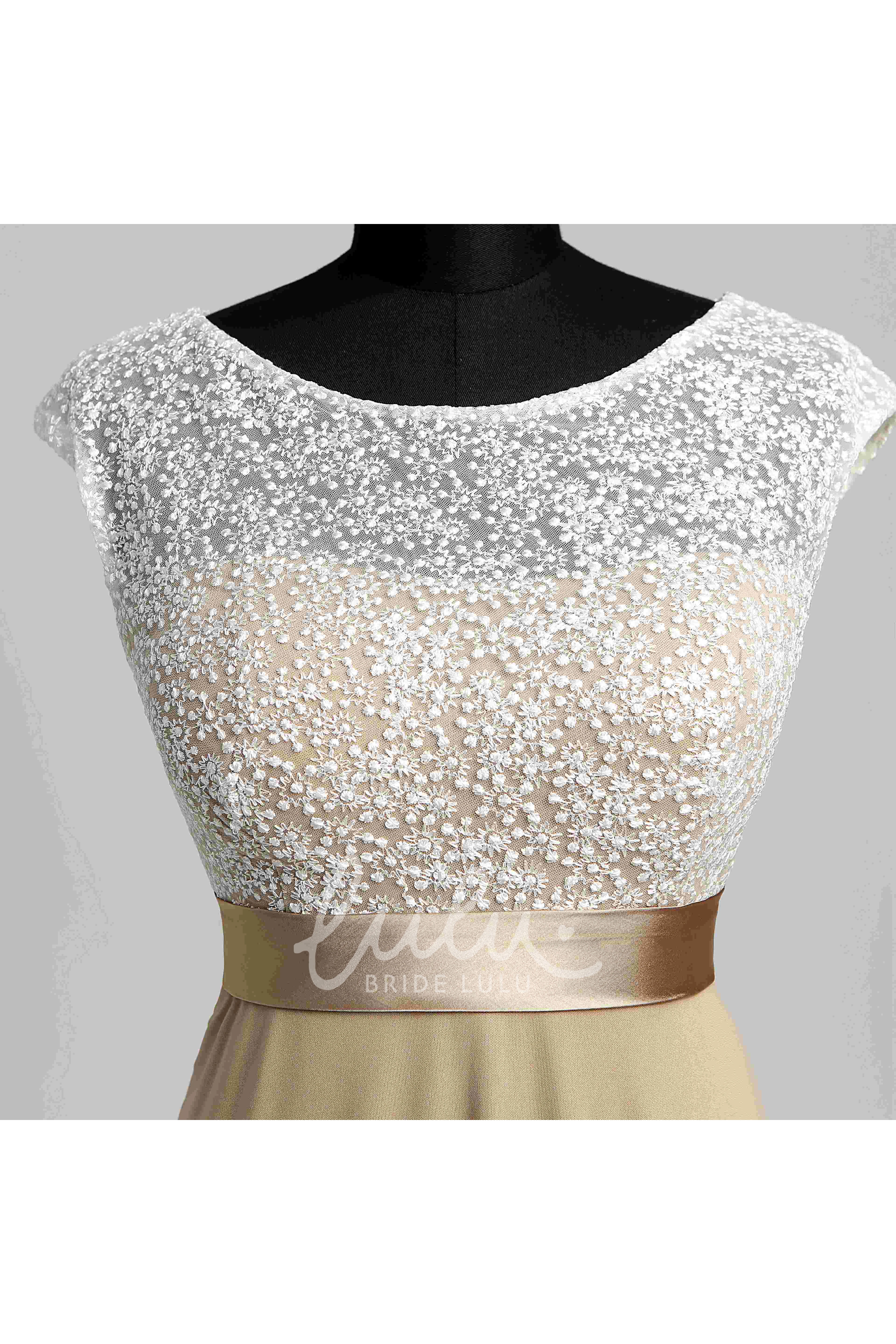 Lace A-line Short Sleeve Bridesmaid Dress with Sash and Bateau Neckline