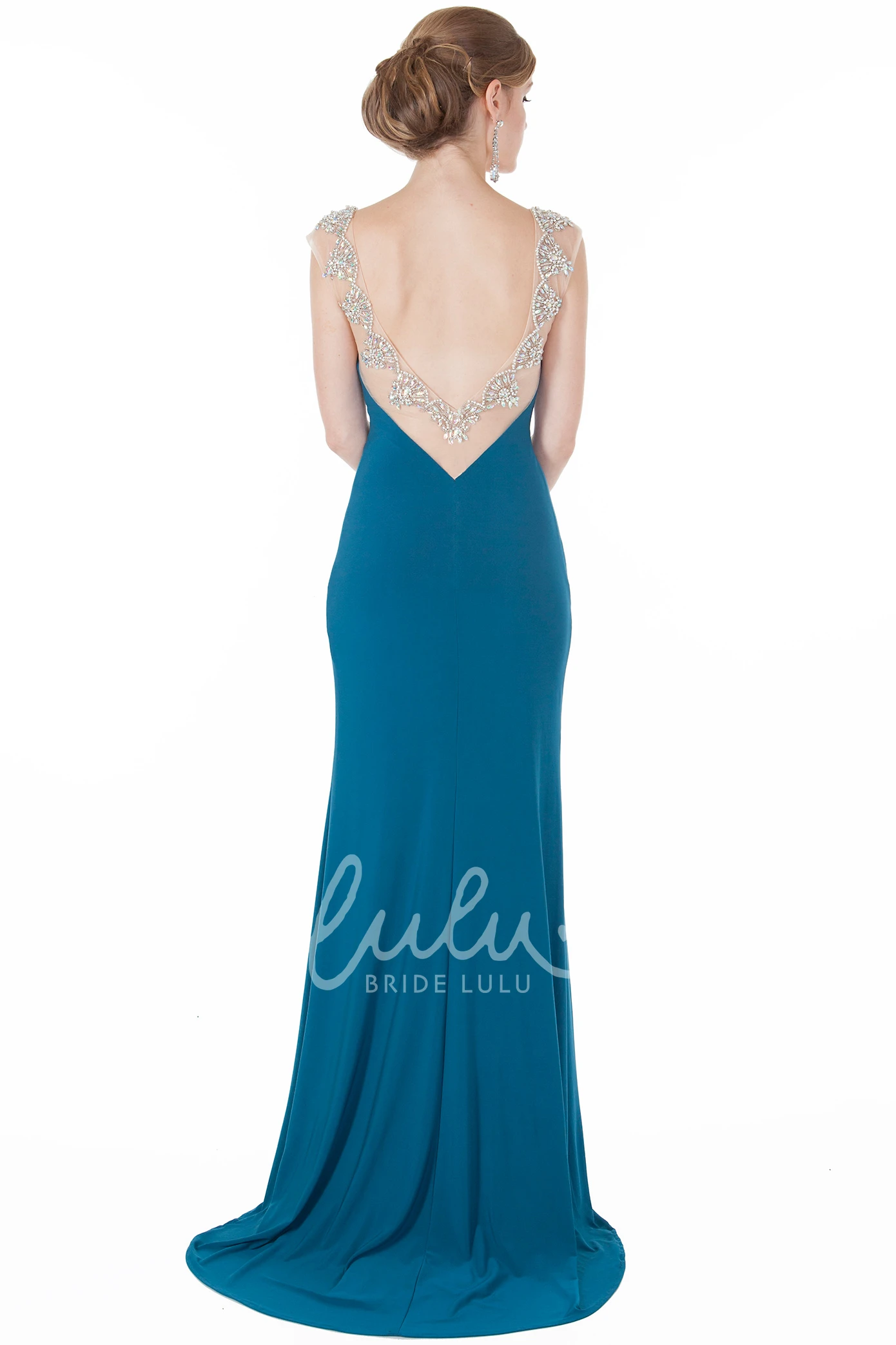 Sleeveless Beaded Bateau-Neck Sheath Evening Dress with Floor-Length Jersey
