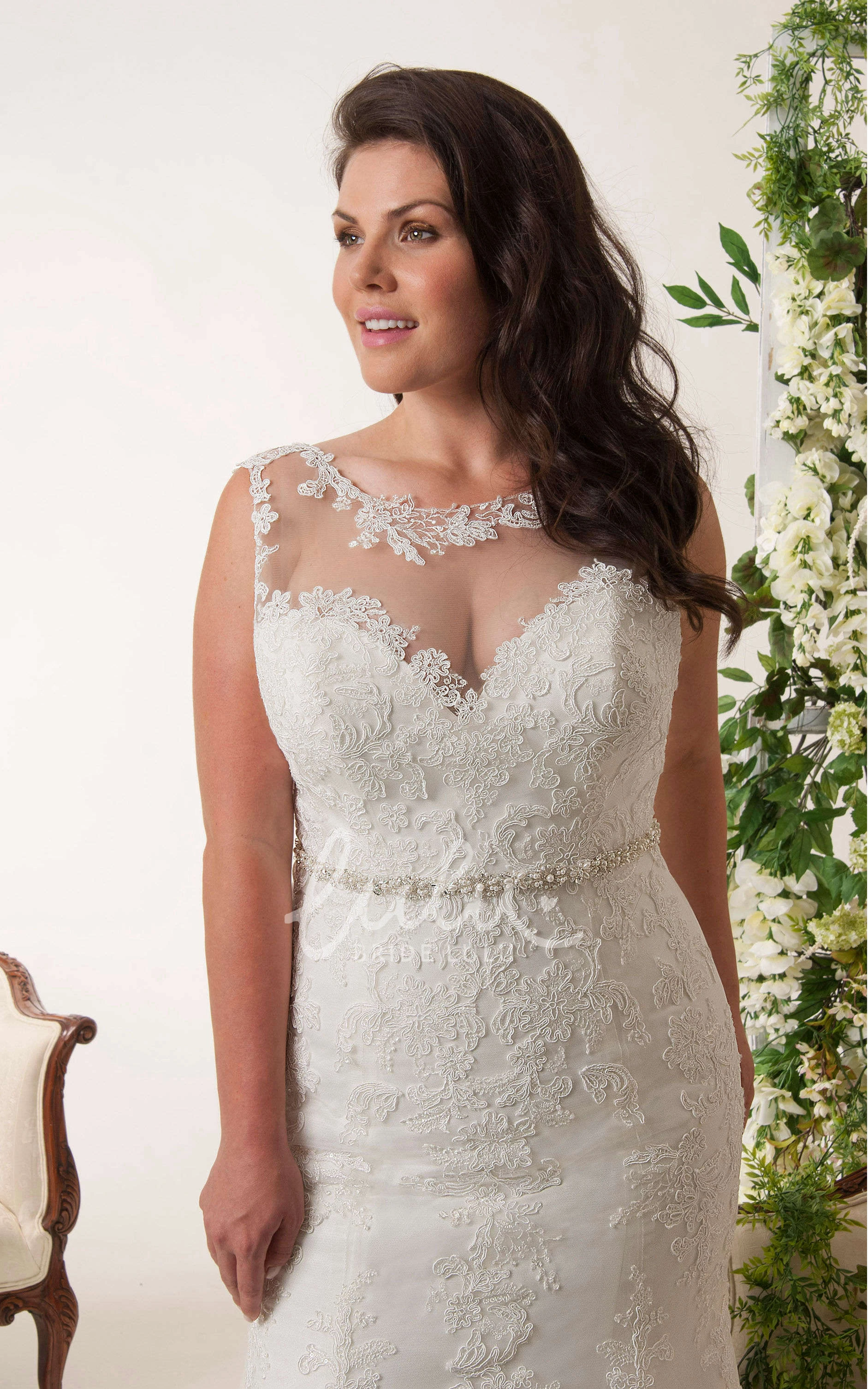 Illusion Sheath Dress with Sleeveless Design Lace Details and Beaded Waist
