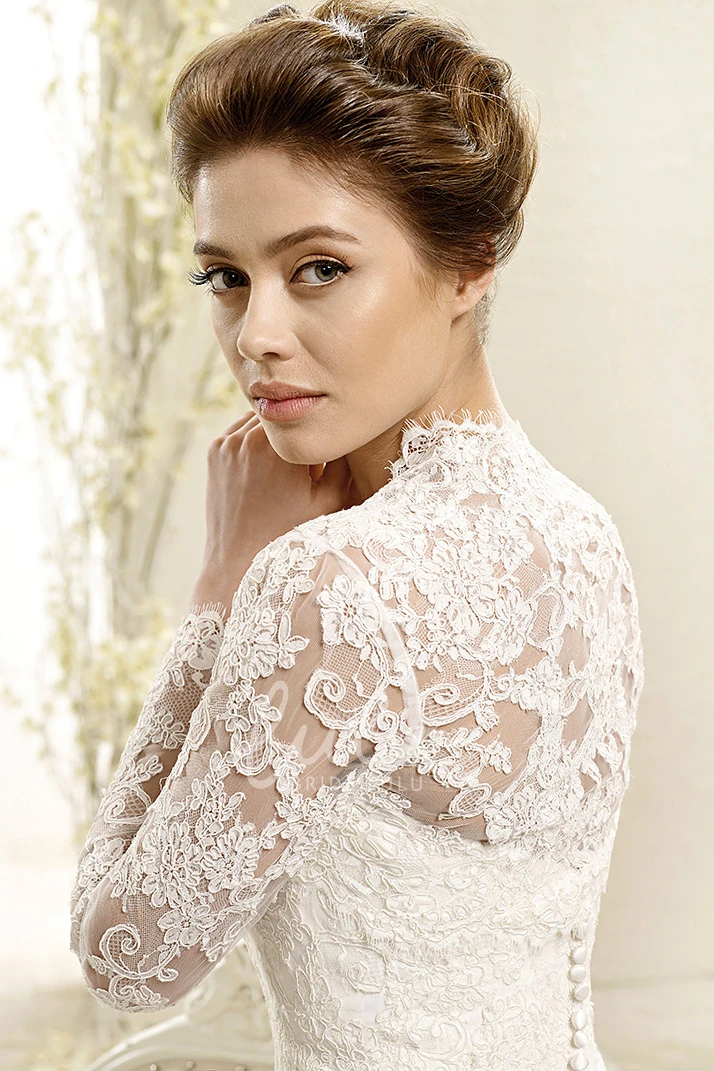 Lace Wedding Dress with Illusion Ball Gown Long-Sleeve Dress