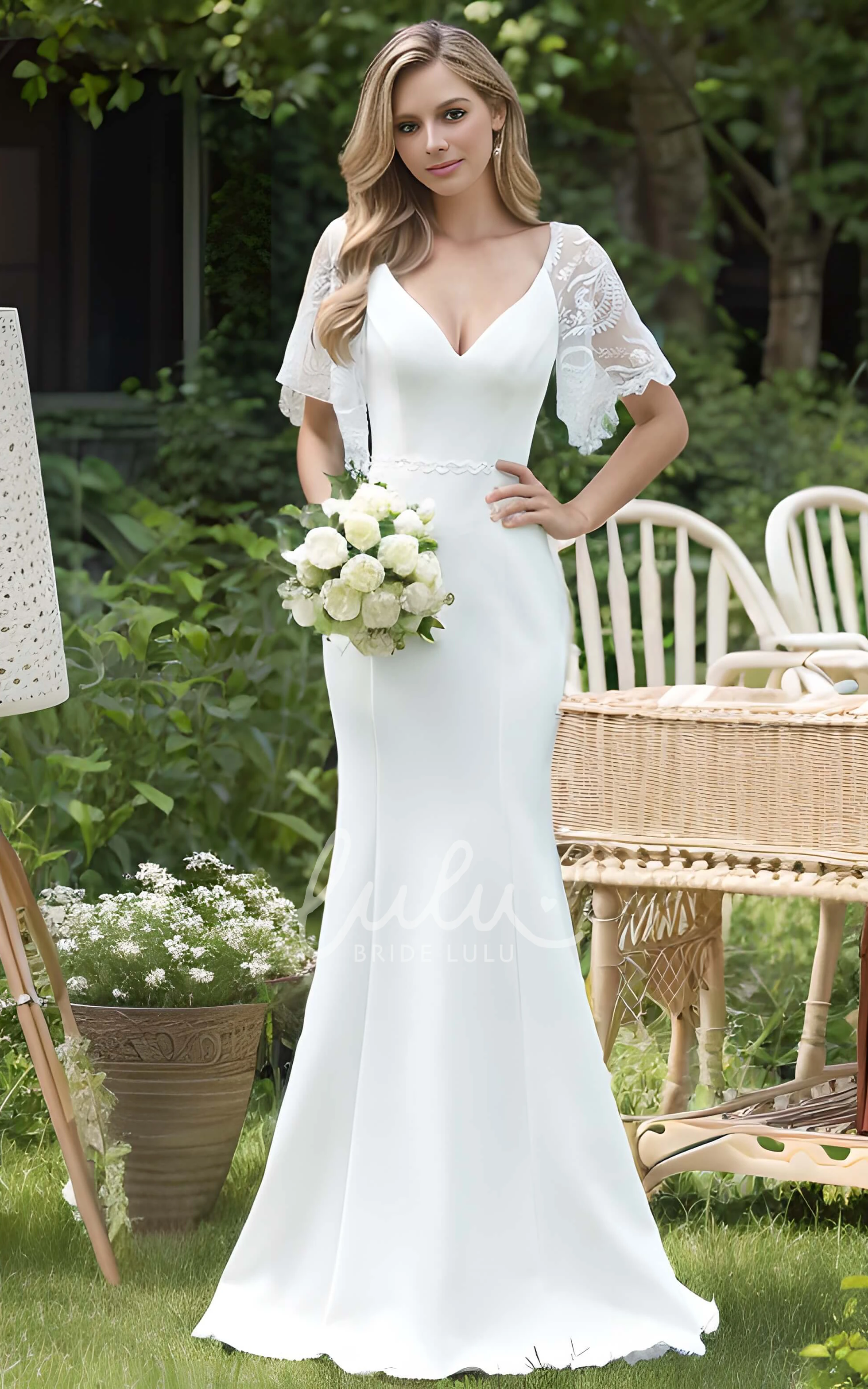 Mermaid V-neck Elegant Half Lace Sleeve Vintage Floor-length Bodycon Wedding Dress