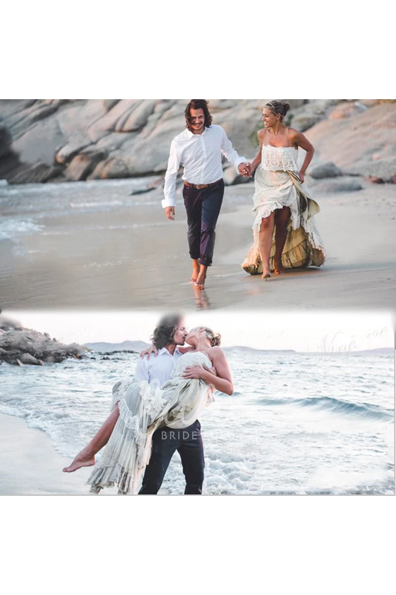 Spaghetti Straps Ethereal Destination Wedding Dress with Cross Back and Tiered Court Train