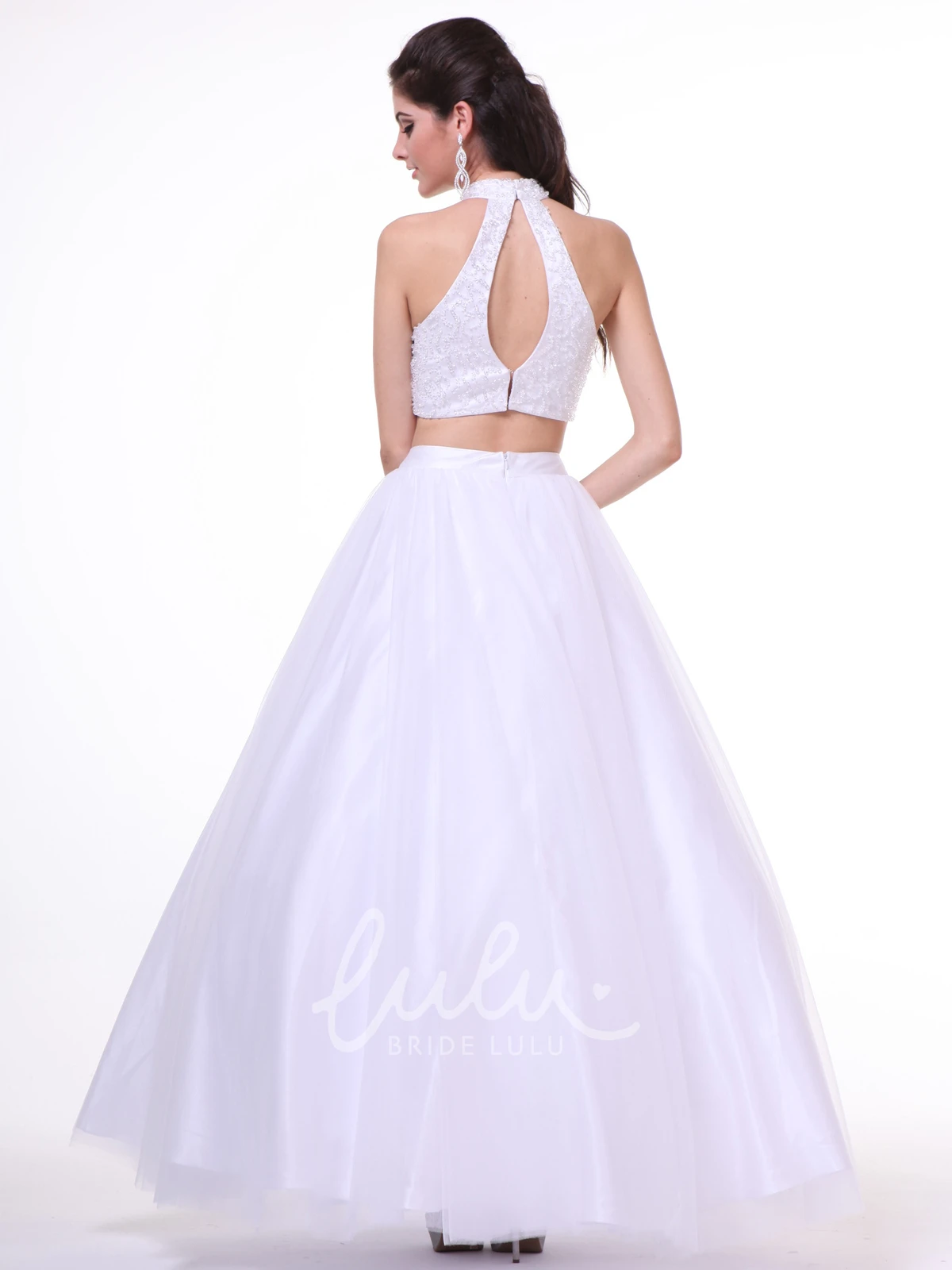 Satin Keyhole A-Line Formal Dress with Beading High-Neck Sleeveless Ankle-Length