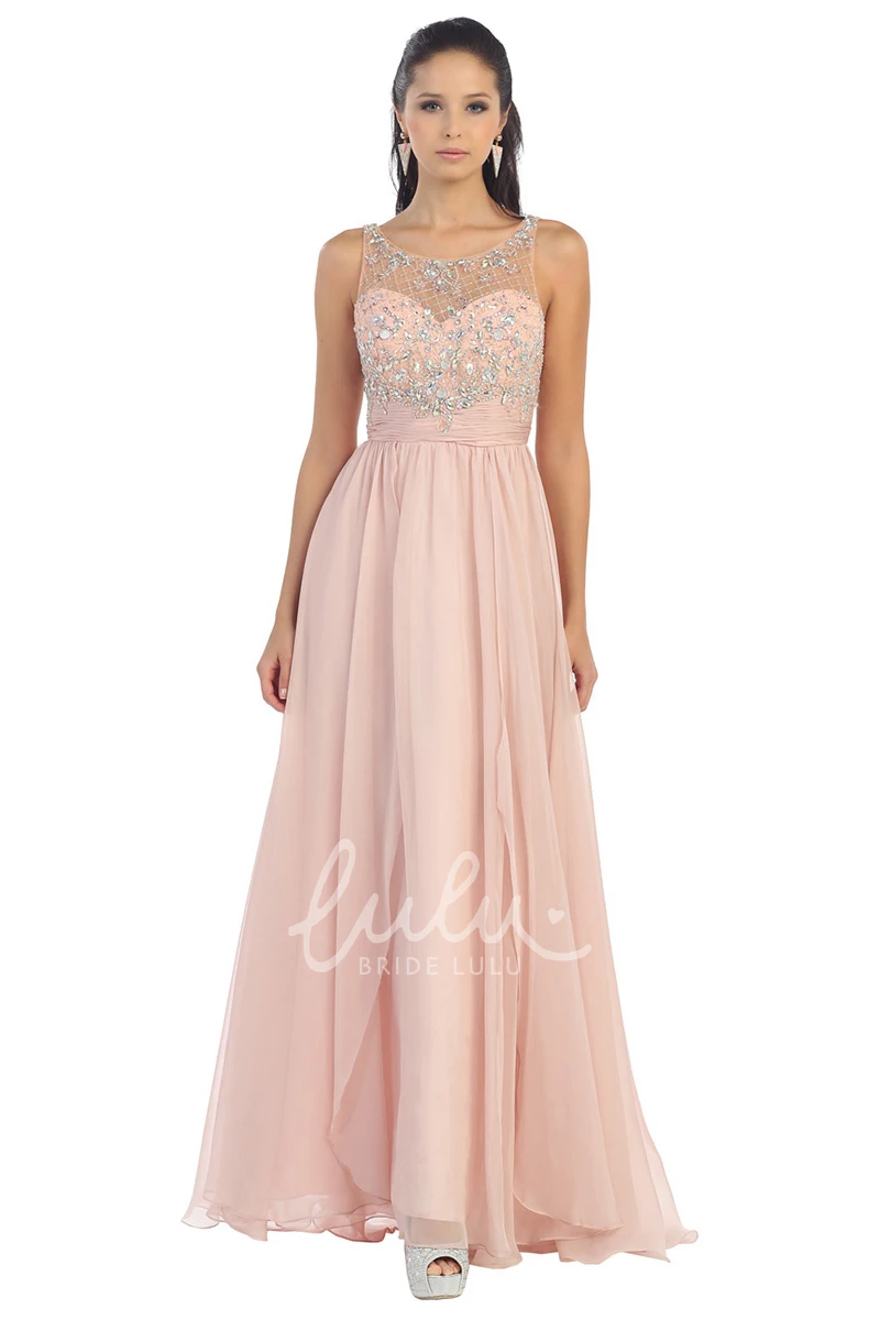 Long A-Line Chiffon Formal Dress with Draping and Beaded Scoop Neckline