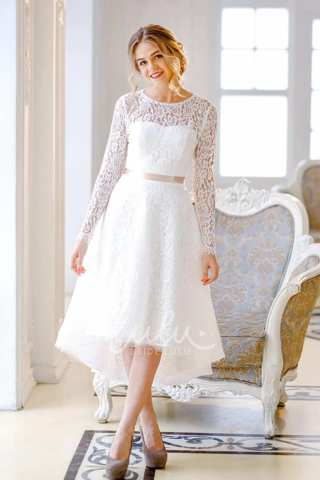 Satin Lace Knee-Length Wedding Dress with Corset Back Short & Elegant