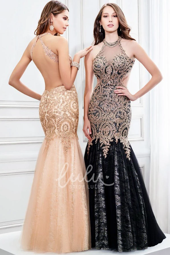 High Neck Mermaid Appliqued Tulle Prom Dress with Keyhole Sleeveless Elegant 2025