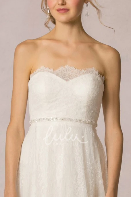 Floor-Length Strapless Lace A-Line Wedding Dress with Jeweled Details