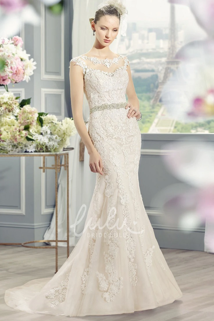 Sheath Lace Wedding Dress with Jeweled Appliques and Deep-V Back