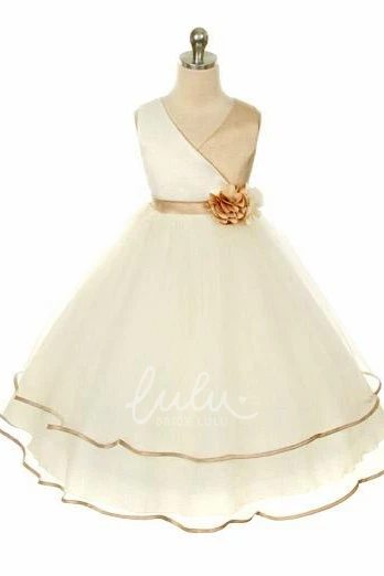 Tiered Tulle Satin Flower Girl Dress Tea-Length