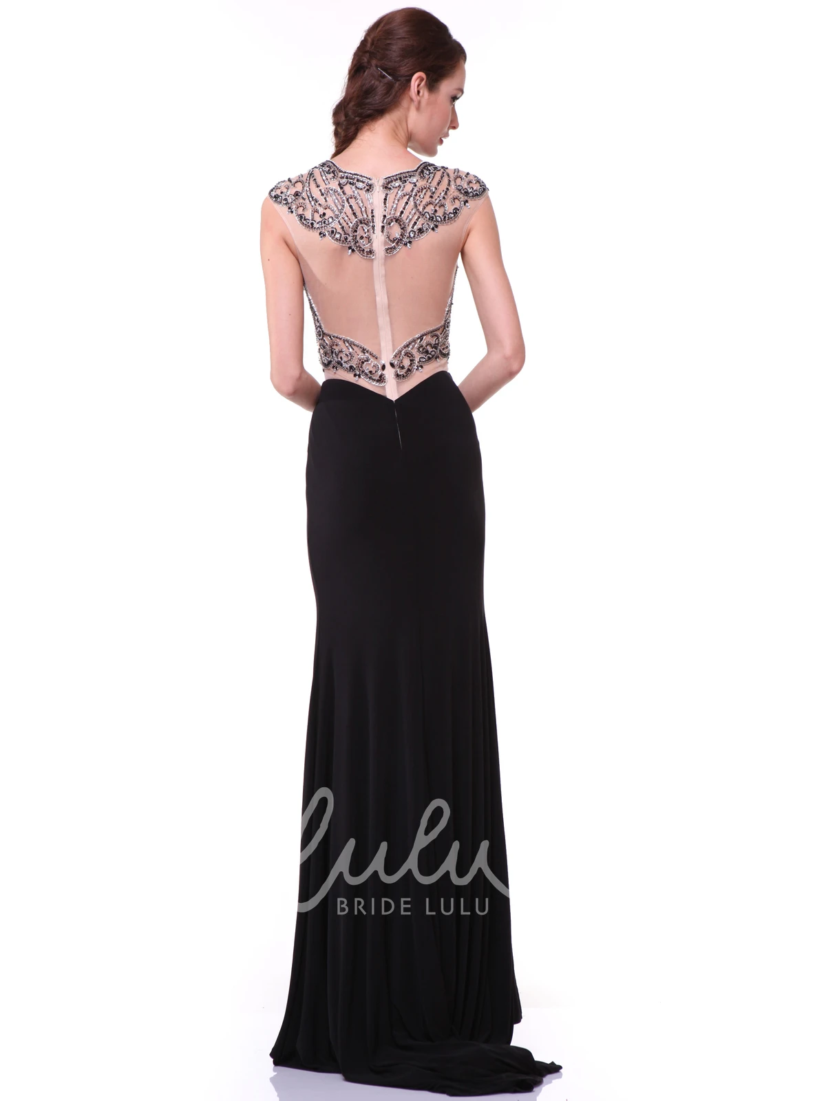 Maxi Cap-Sleeve Jersey Illusion Sheath Dress with Beading and Split Front