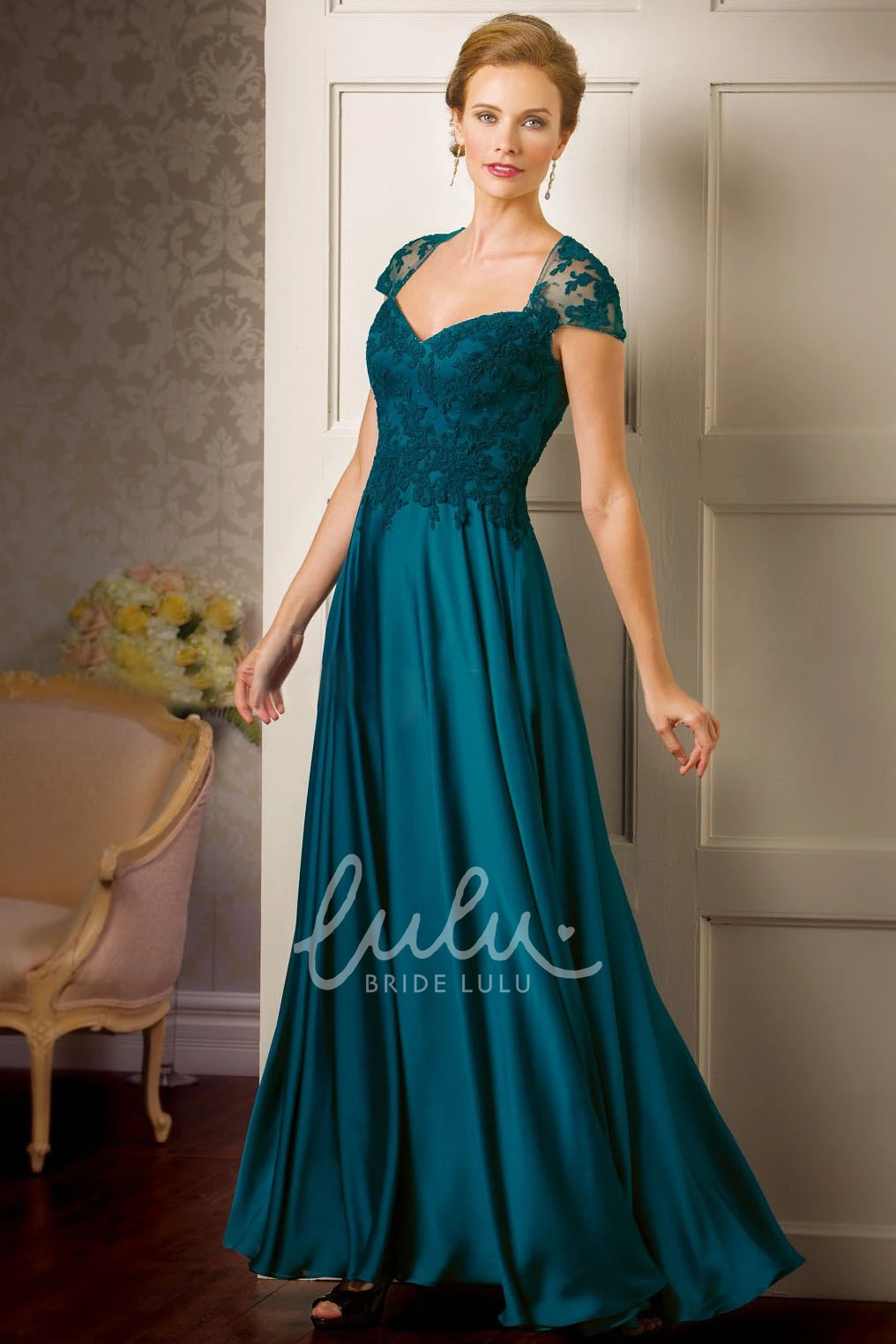 Long Appliqued Mother Of The Bride Dress with Cap Sleeves and Illusion Back