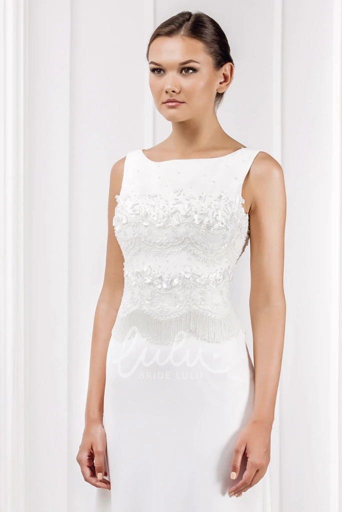 Satin Sleeveless Wedding Dress with Keyhole Back and Sweep Train Classic Wedding Dress