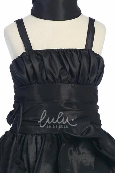 Taffeta Split-Front Flower Girl Dress Tea-Length Straps Bowed