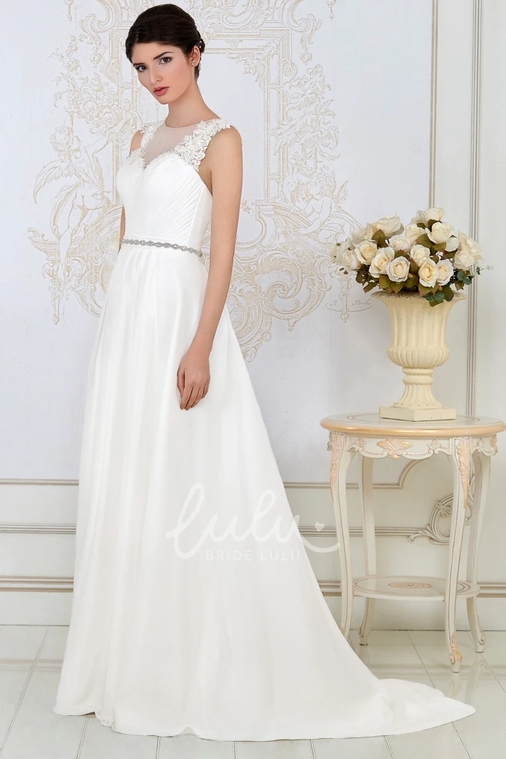 High-Neck Tulle&Satin Wedding Dress Sheath Floor-Length Ruched Appliques