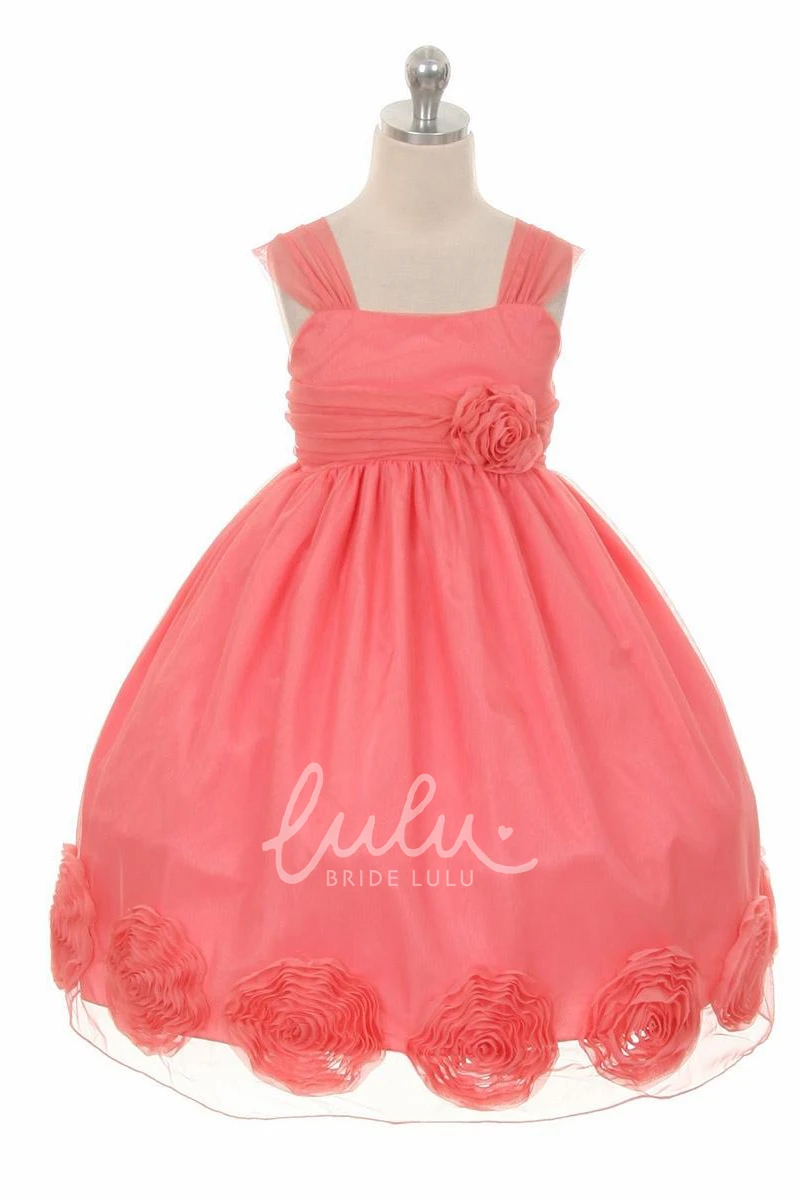 Empire Floral Tea-Length Flower Girl Dress with Sash Pleated and Bow