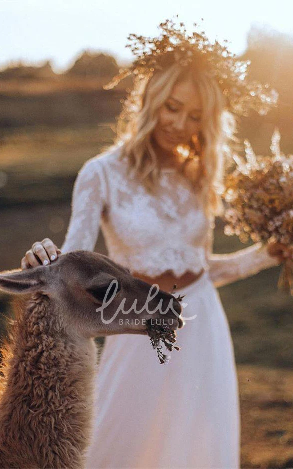 Two Piece Chiffon Lace Wedding Dress with Sweep Train Sexy Long Sleeve Bateau