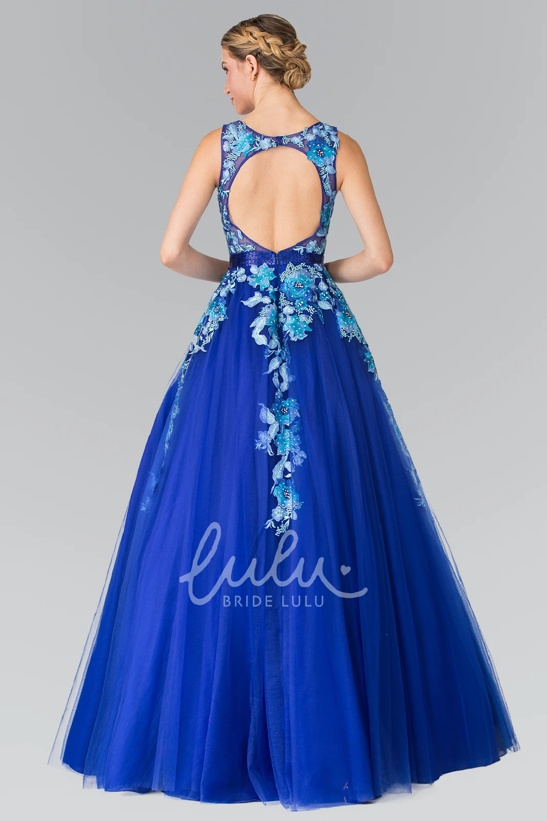 Sleeveless Tulle A-Line Formal Dress with Appliques and Pleats
