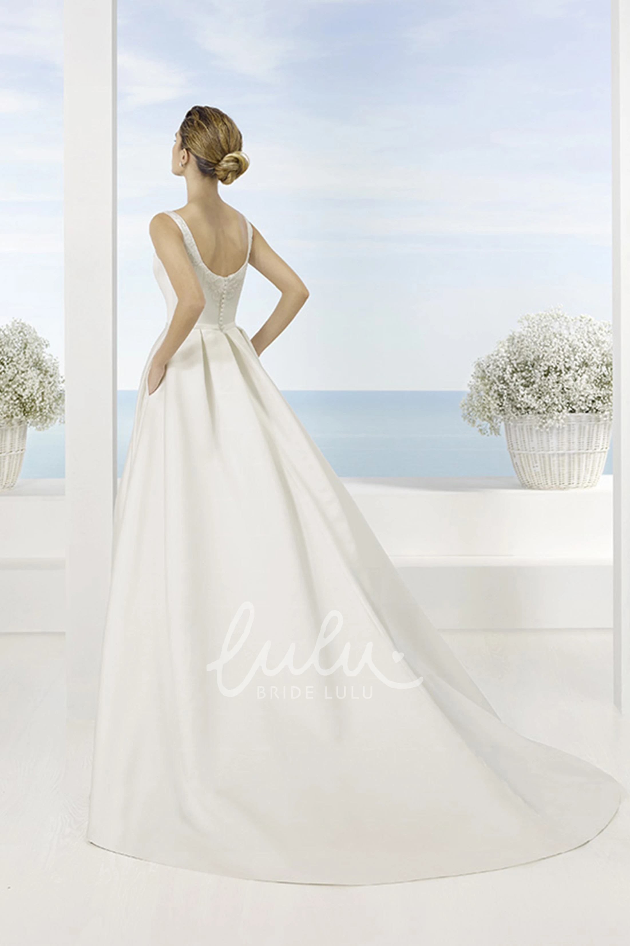 Maxi Beaded Satin Spring Wedding Dress with Square Neckline and Sweep Train