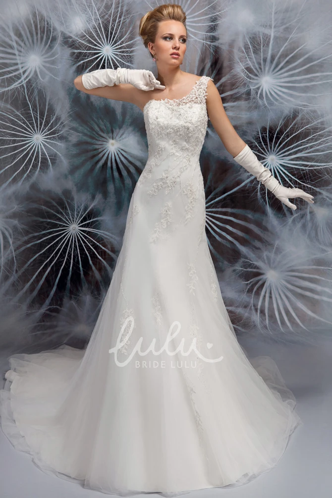 Appliqued Lace and Tulle Wedding Dress with Chapel Train A-Line One-Shoulder