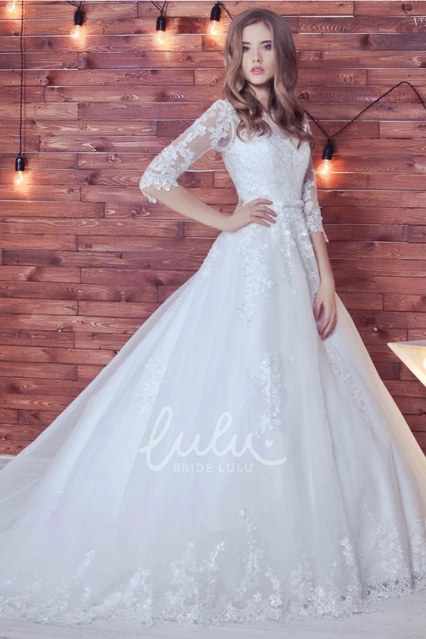 Long Sleeve Lace Tulle Ball Gown Wedding Dress