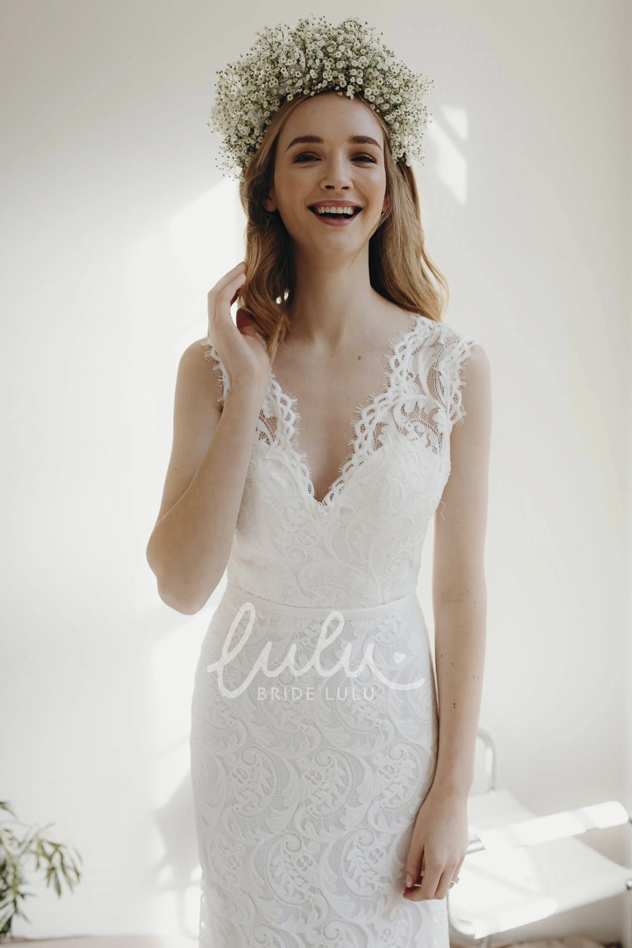 Lace Sheath Deep V-neck Wedding Dress with Cap Sleeves and Court Train