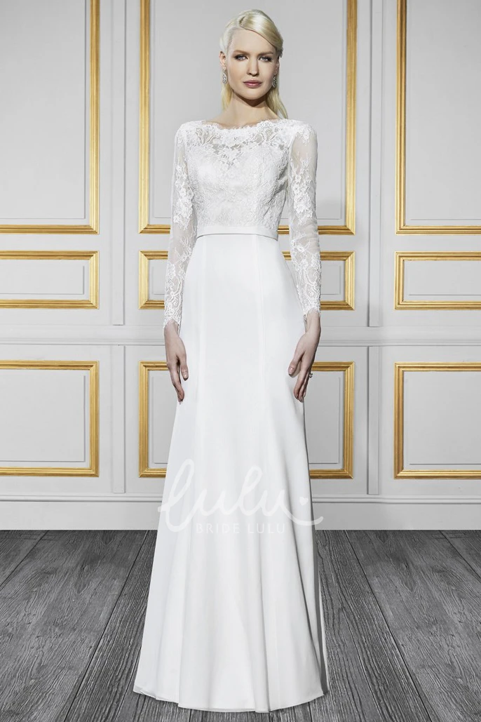 Chiffon Appliqued Long-Sleeve Bateau Wedding Dress with V Back and Sweep Train