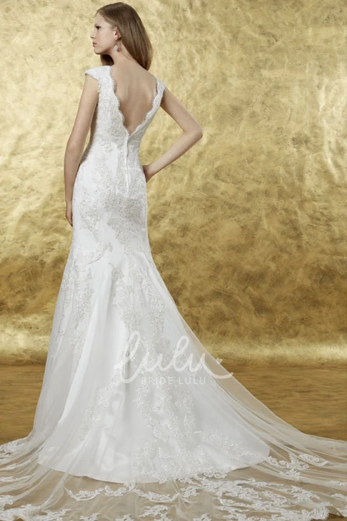 Trumpet Cap-Sleeve Lace Wedding Dress with Applique Bateau Neck and Chapel Train
