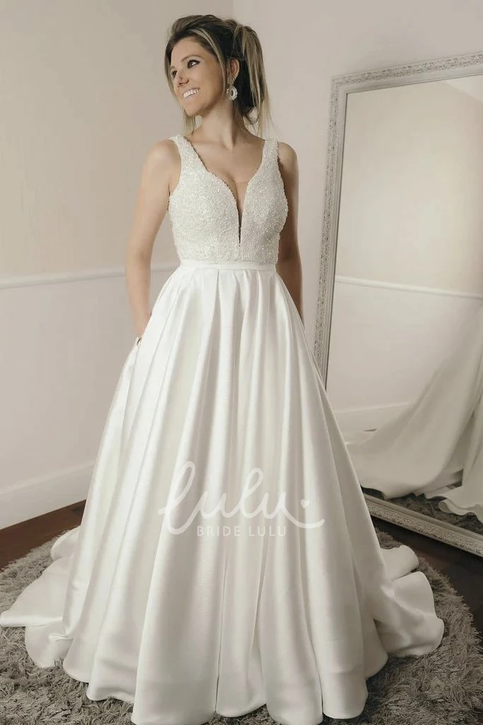 Simple Elegant Satin Ballgown Wedding Dress with Plunging Neckline