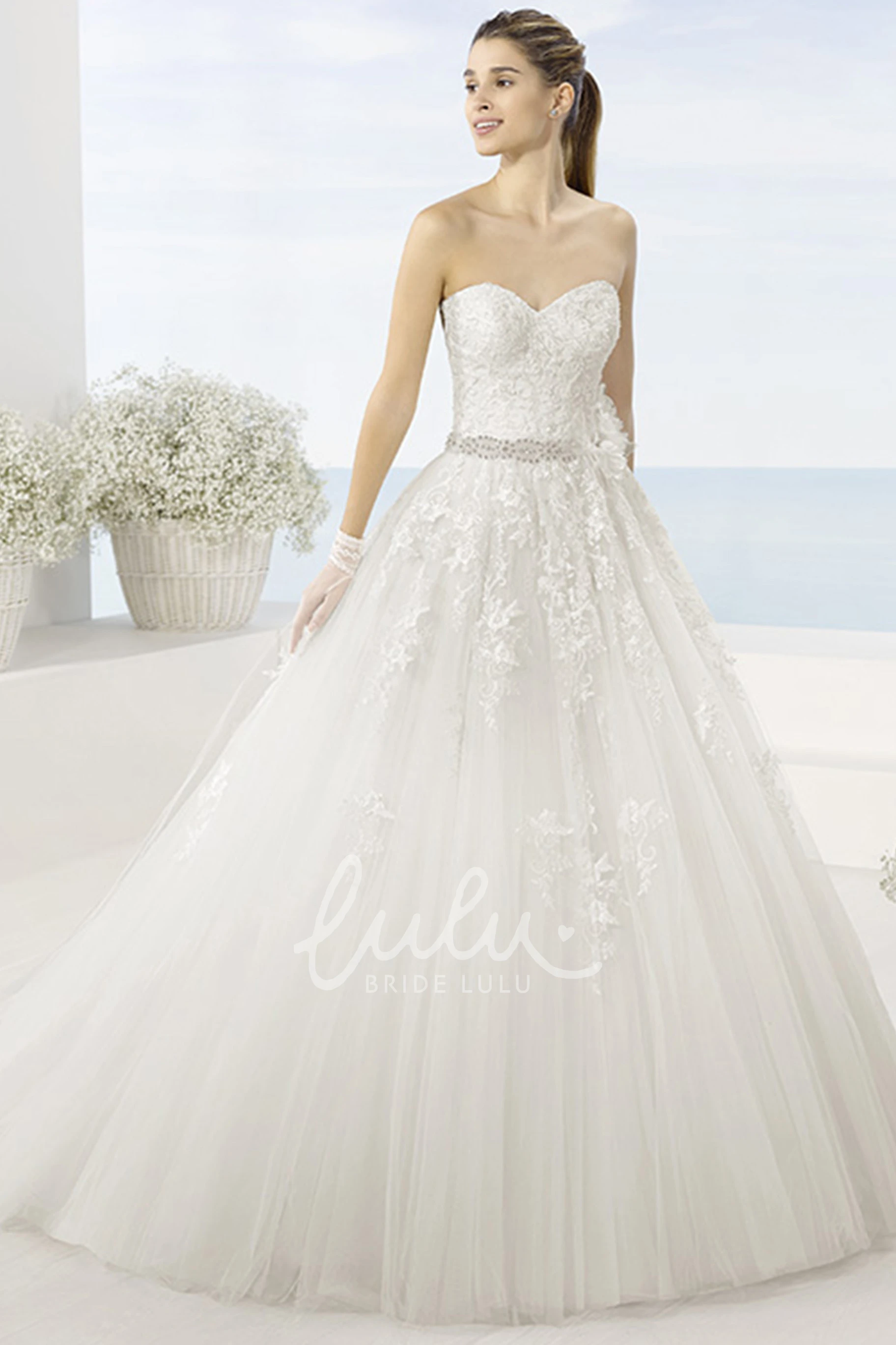 Jeweled Sweetheart Tulle Wedding Dress with Chapel Train Ball Gown Style