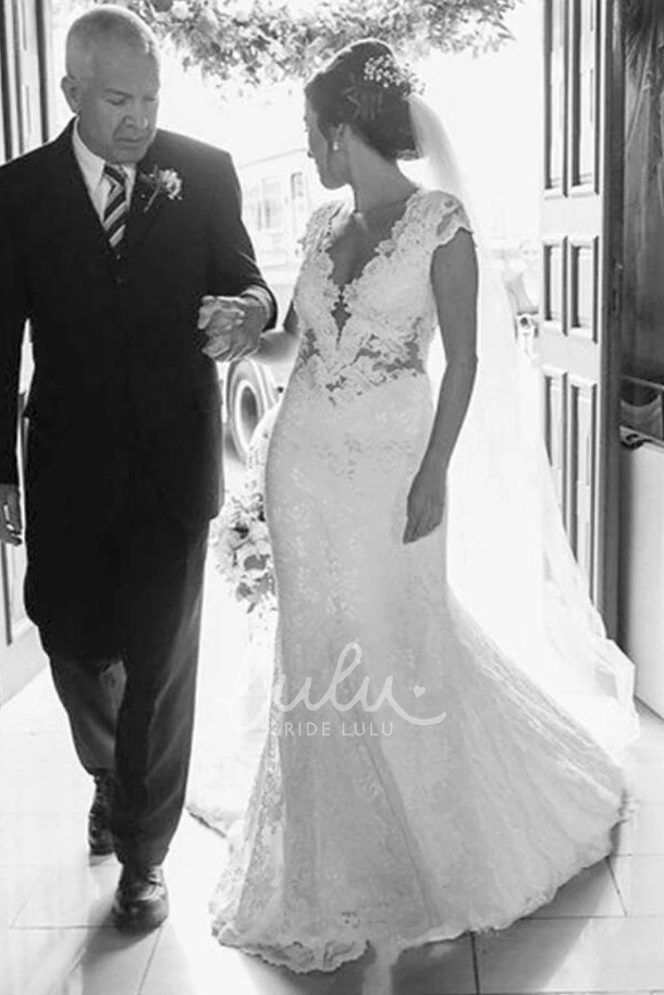 Sexy Mermaid Lace Bridal Gown with Illusion Tulle Back and Cap Sleeves