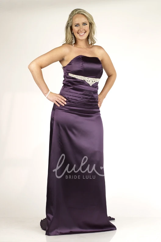Satin Strapless Ruched Sheath Formal Dress with Jeweled Back