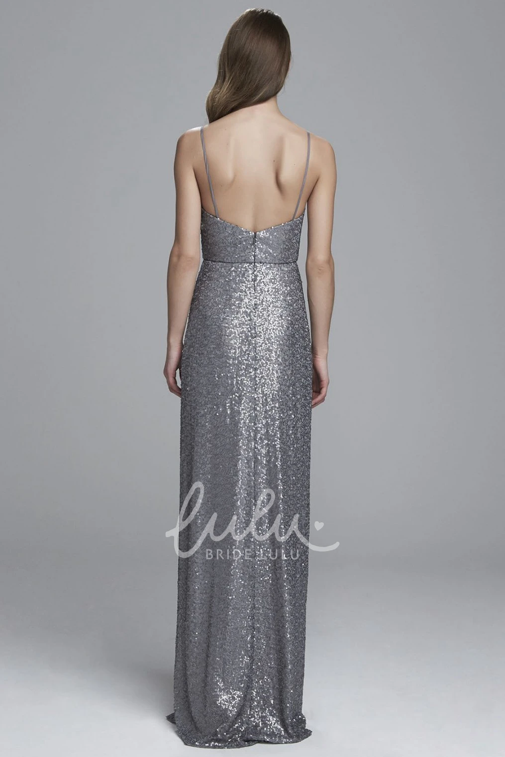 Sheath Split-Front Sequin Bridesmaid Dress with Spaghetti Straps