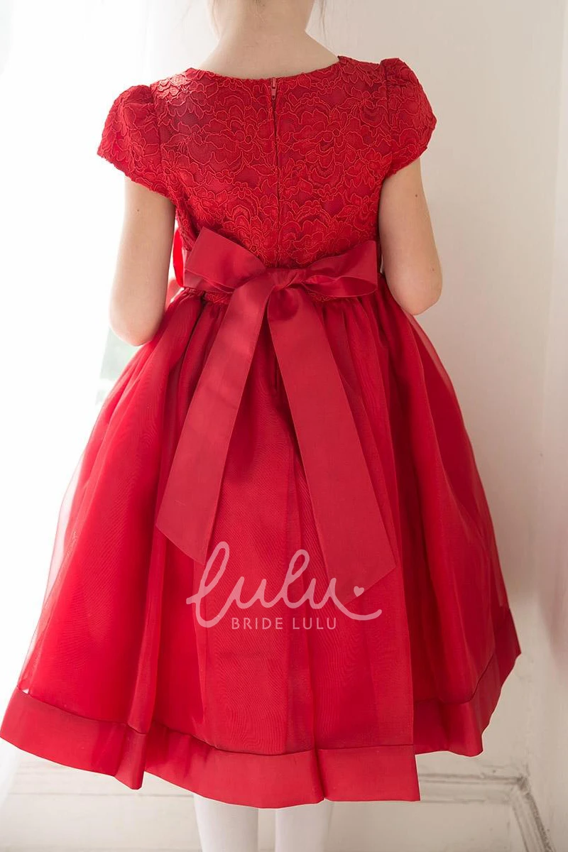 Tiered Lace and Organza Flower Girl Dress Tea-Length with Floral Sash