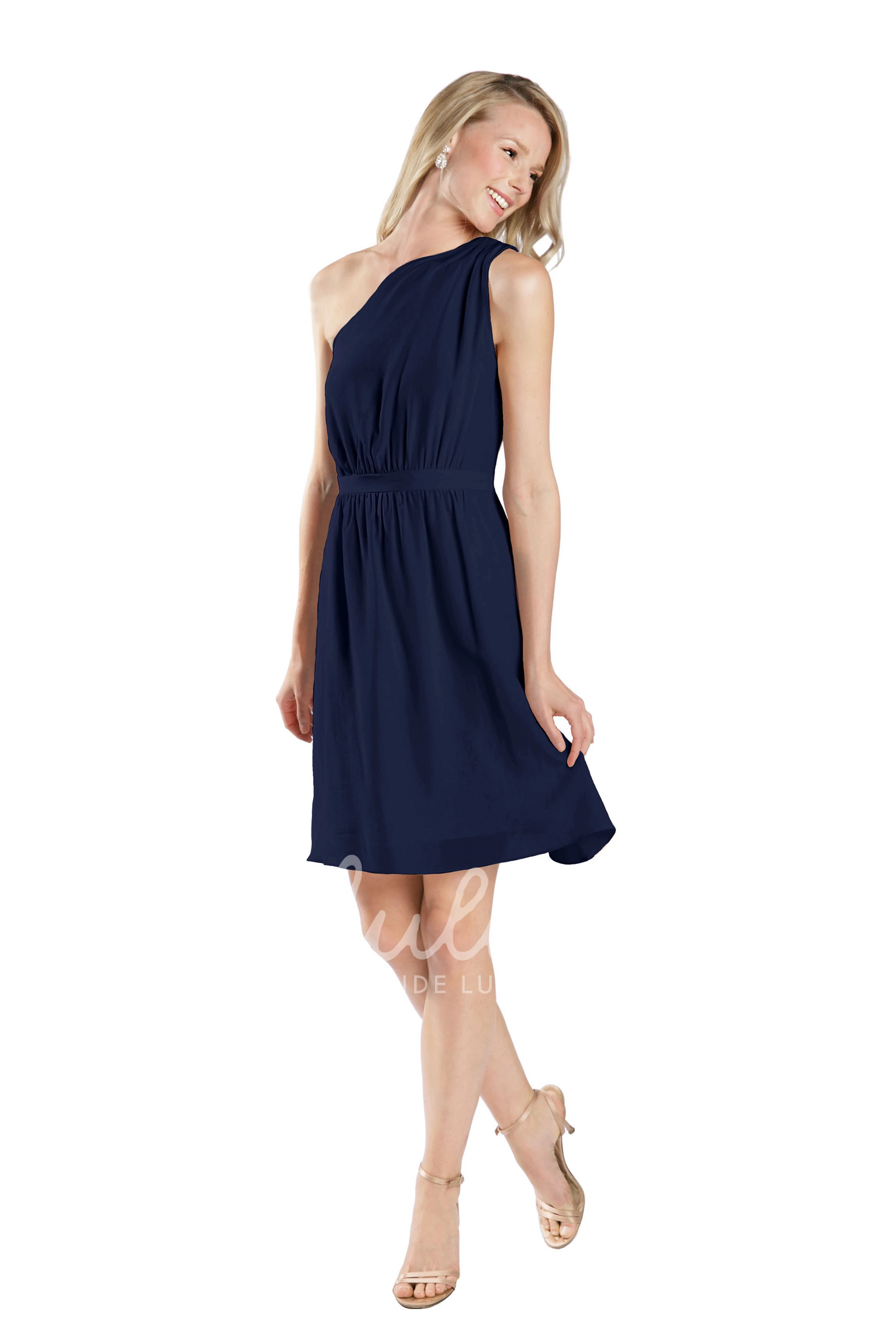 Sleeveless One-Shoulder Ruched Chiffon Mini Bridesmaid Dress in Muti-Color with Sash