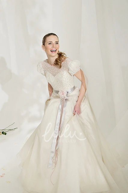 Long Tulle&Satin Spring Wedding Dress with Flower and V Back A-Line High Neck Puff-Sleeve
