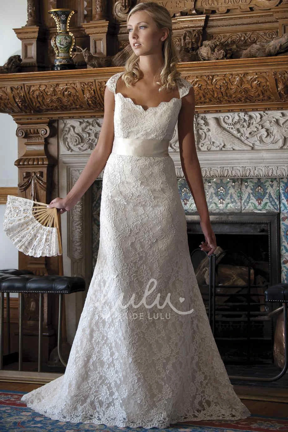 Cap-Sleeve Lace Ribbon V-Neck Wedding Dress Elegant Bridal Gown
