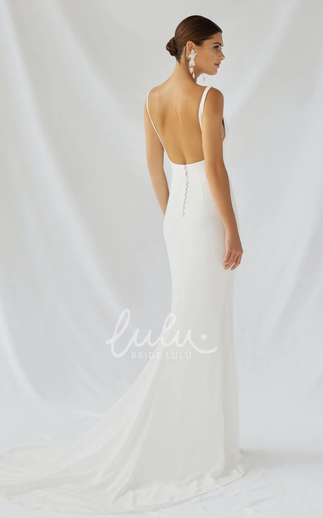 Simple Minimalist Satin Sheath Sleeveless Backless Romantic Country Wedding Dress