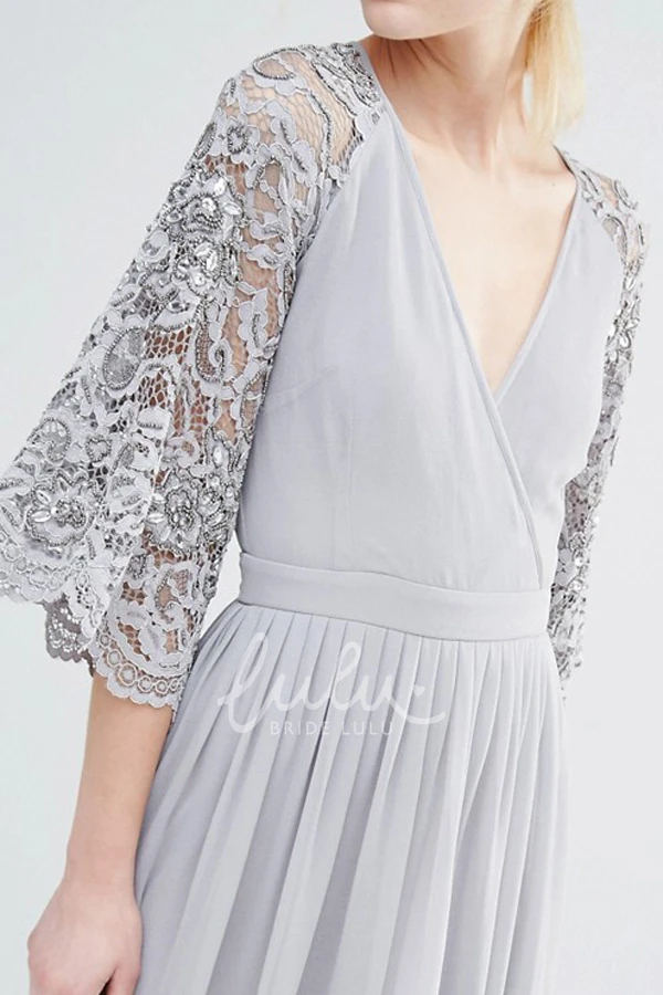 Lace Chiffon Bridesmaid Dress with Pleats V-Neck Bell Sleeve