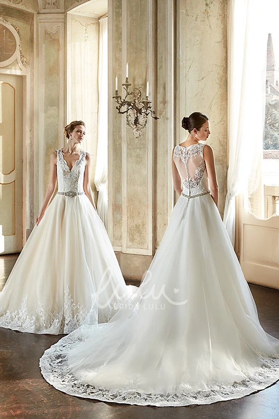 V-Neck Tulle&Lace Ball Gown Wedding Dress with Waist Jewellery