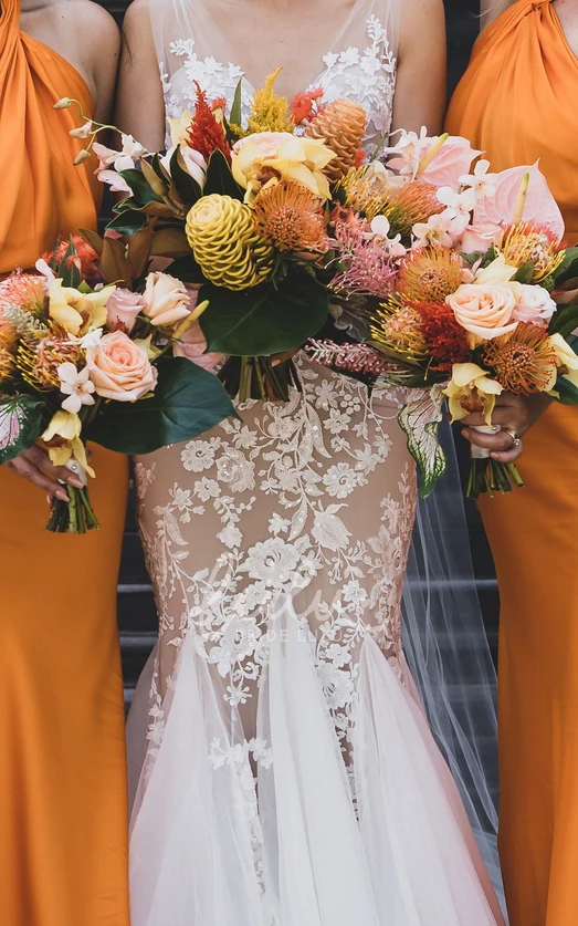 Mermaid Boho Beach Vintage V-neck Ethereal Fairy Wedding Dress with Lace Appliques