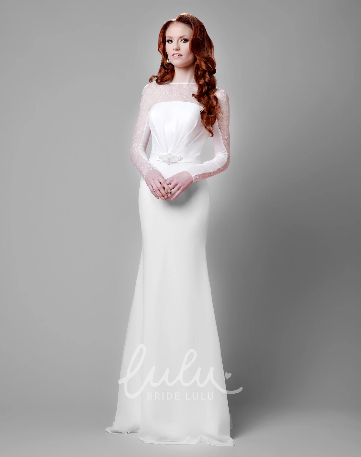 Long Sleeve Lace and Chiffon Wedding Dress with Illusion Back Pearls Embellished Bridal Gown