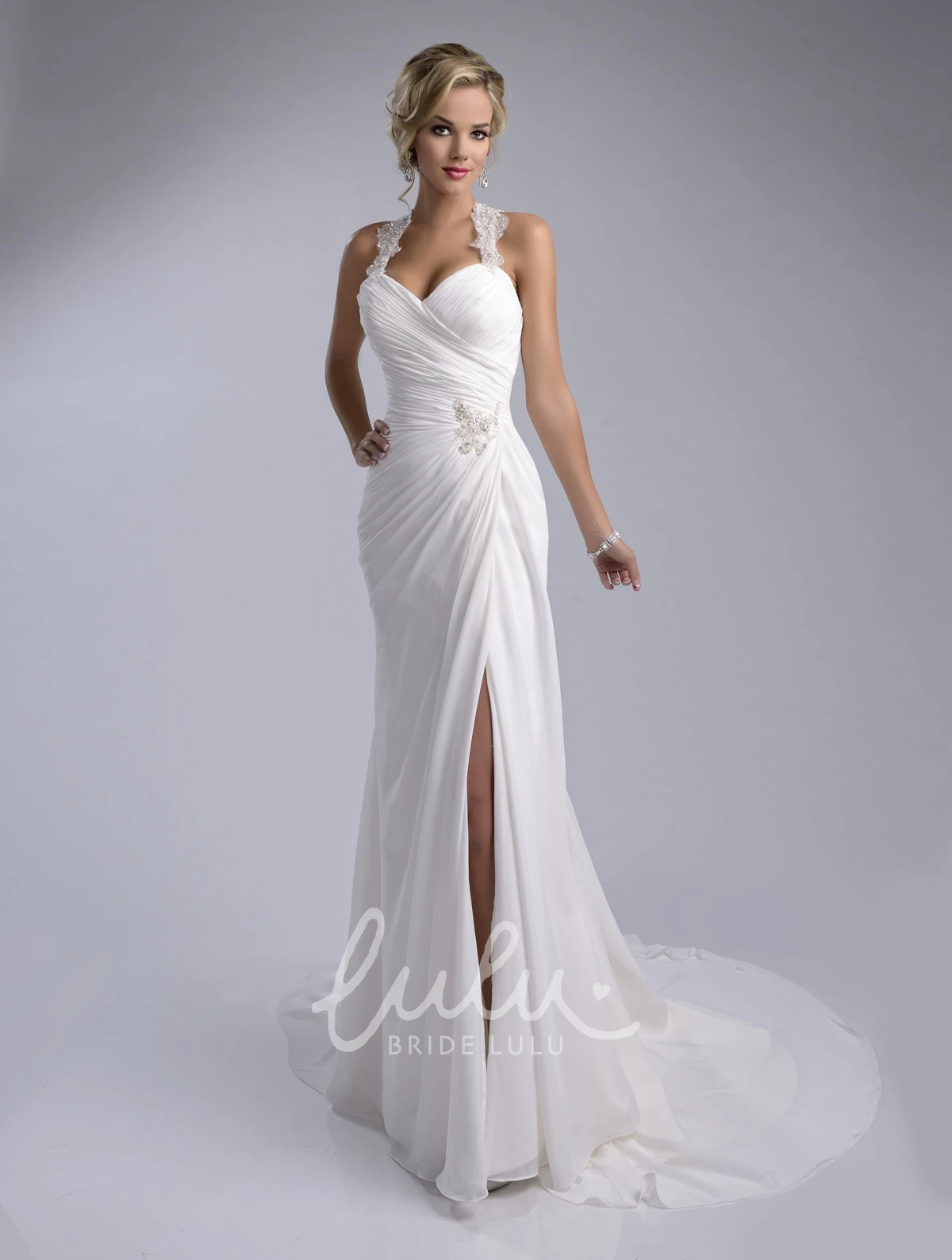 Ruched Sheath Chiffon Wedding Dress with Halter Flowy Bridal Gown
