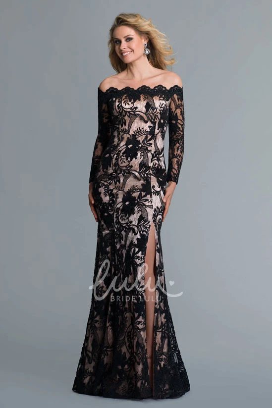 Off-The-Shoulder Lace Sheath Dress with Split Front and Long Sleeves