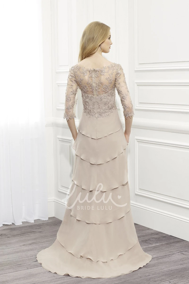 Tiered Chiffon Floor-Length Dress with Scoop Neck and Half Sleeves for Formal Affairs